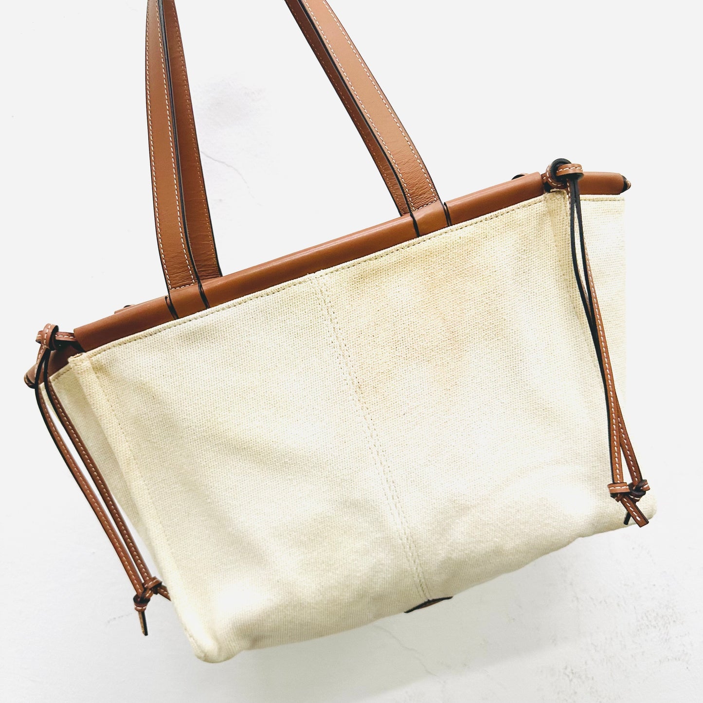 Loewe Tan / White Cushion Giant Monogram Logo Toile Canvas / Leather Shopper Shoulder Tote Bag