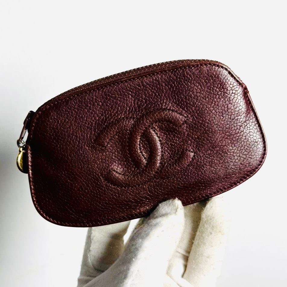 Chanel Maroon GHW Giant CC Logo Caviar Small Keyring Zip Pouch Clutch