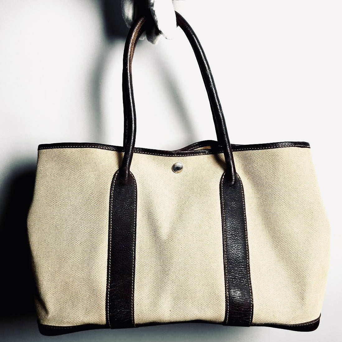 Hermes Beige / Dark Brown Garden Party PM 36 GP36 In Toile / Negonda Leather Tote Bag