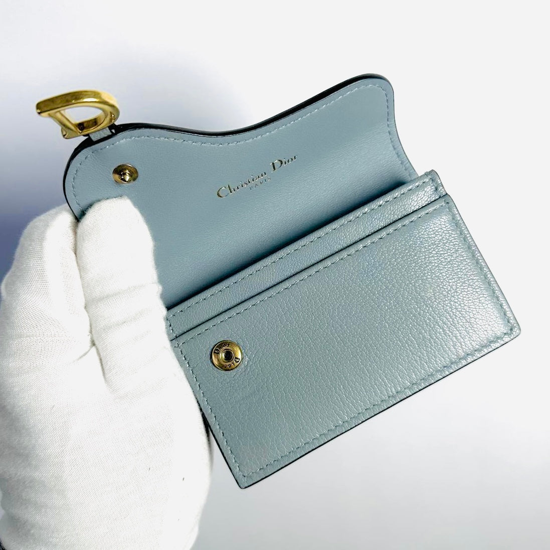 Christian Dior CD Cloud Blue GHW Saddle Bloom Lotus Monogram Logo Chevre Leather Flap Compact Cardholder Card Case Wallet