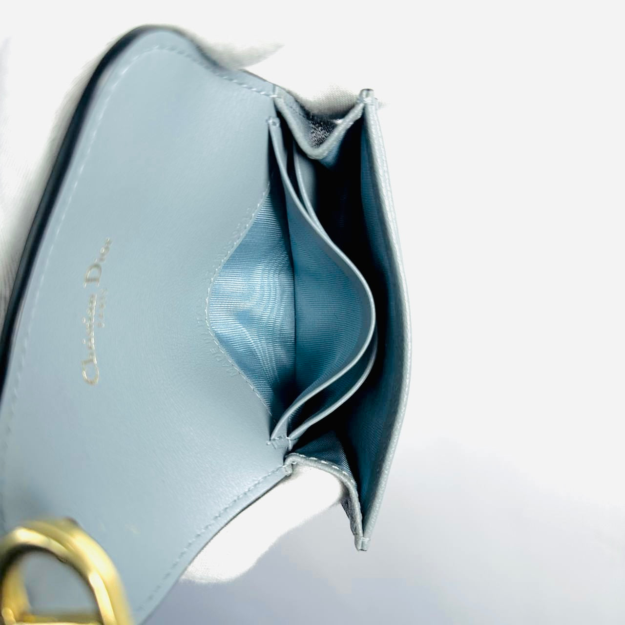Christian Dior CD Cloud Blue GHW Saddle Bloom Lotus Monogram Logo Chevre Leather Flap Compact Cardholder Card Case Wallet