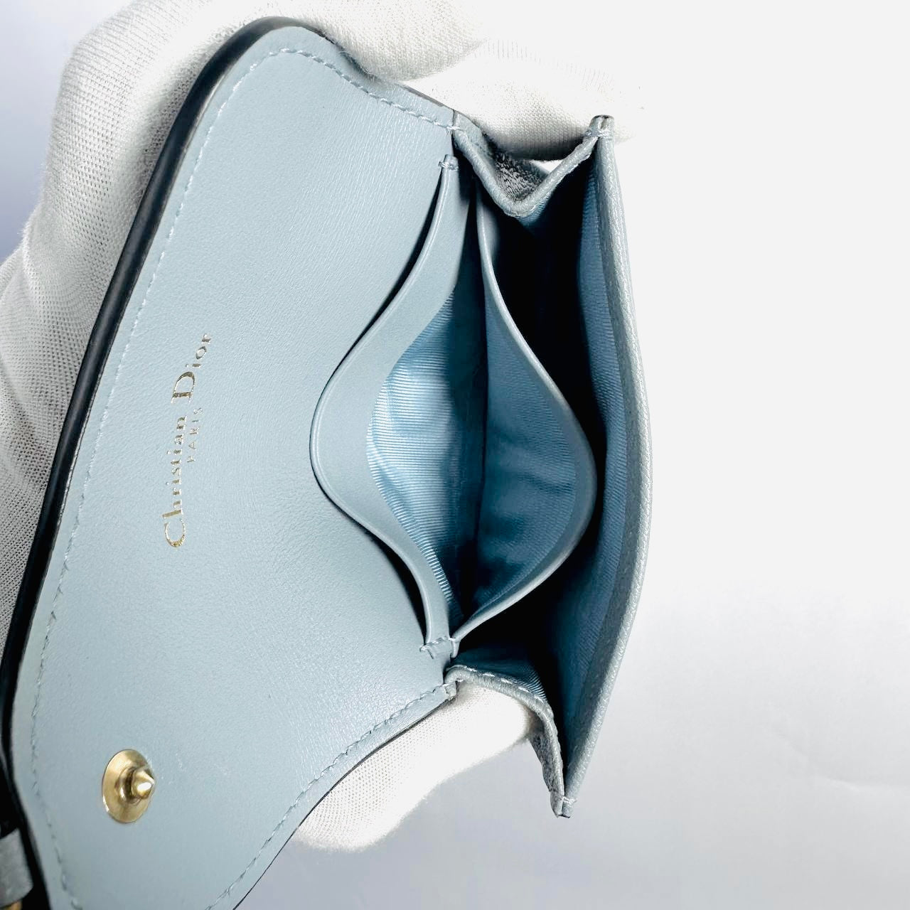 Christian Dior CD Cloud Blue GHW Saddle Bloom Lotus Monogram Logo Chevre Leather Flap Compact Cardholder Card Case Wallet