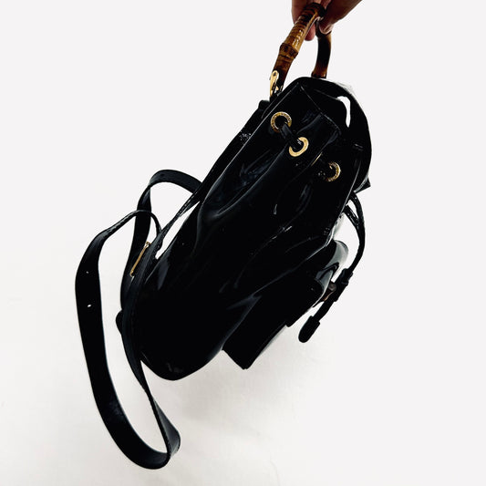 Gucci Black GHW Bamboo Handle Small Patent Leather Monogram Logo Flap Backpack Bag