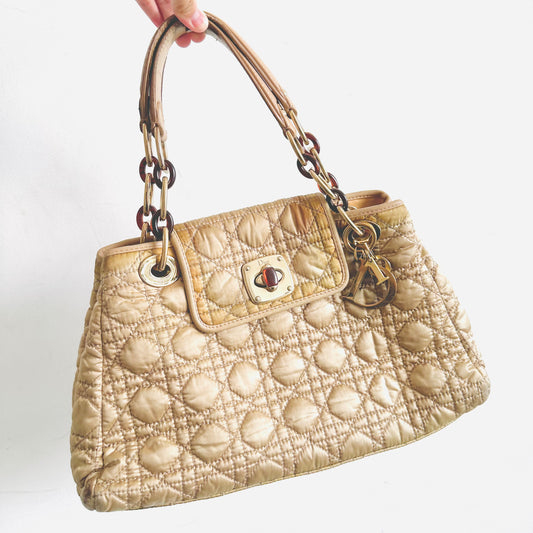 Christian Dior CD Cannage Quilted Satin Charming Beige GHW Monogram Logo Chain Flap Shoulder Shopper Tote Bag