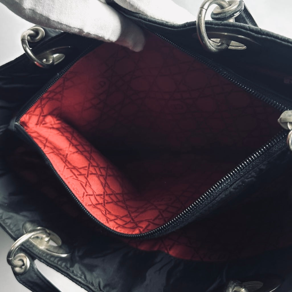 Christian Dior CD Black Lady Dior Cannage Quilted Fabric Monogram Logo Shoulder Shopper Tote Bag