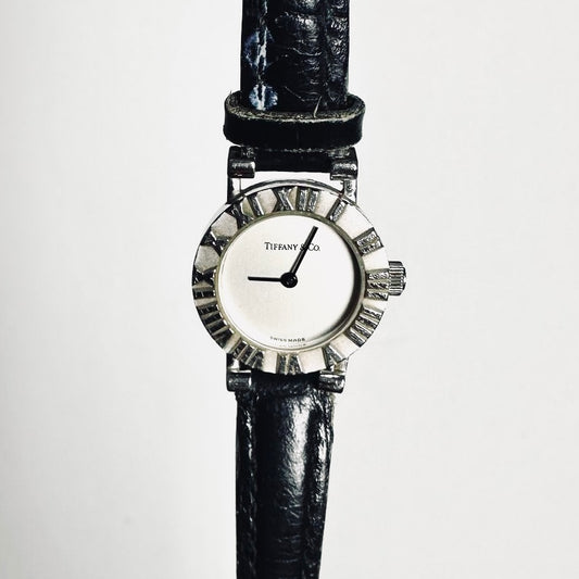 Tiffany & Co T&C Atlas Round White Dial Black Leather Strap 20MM Quartz Watch