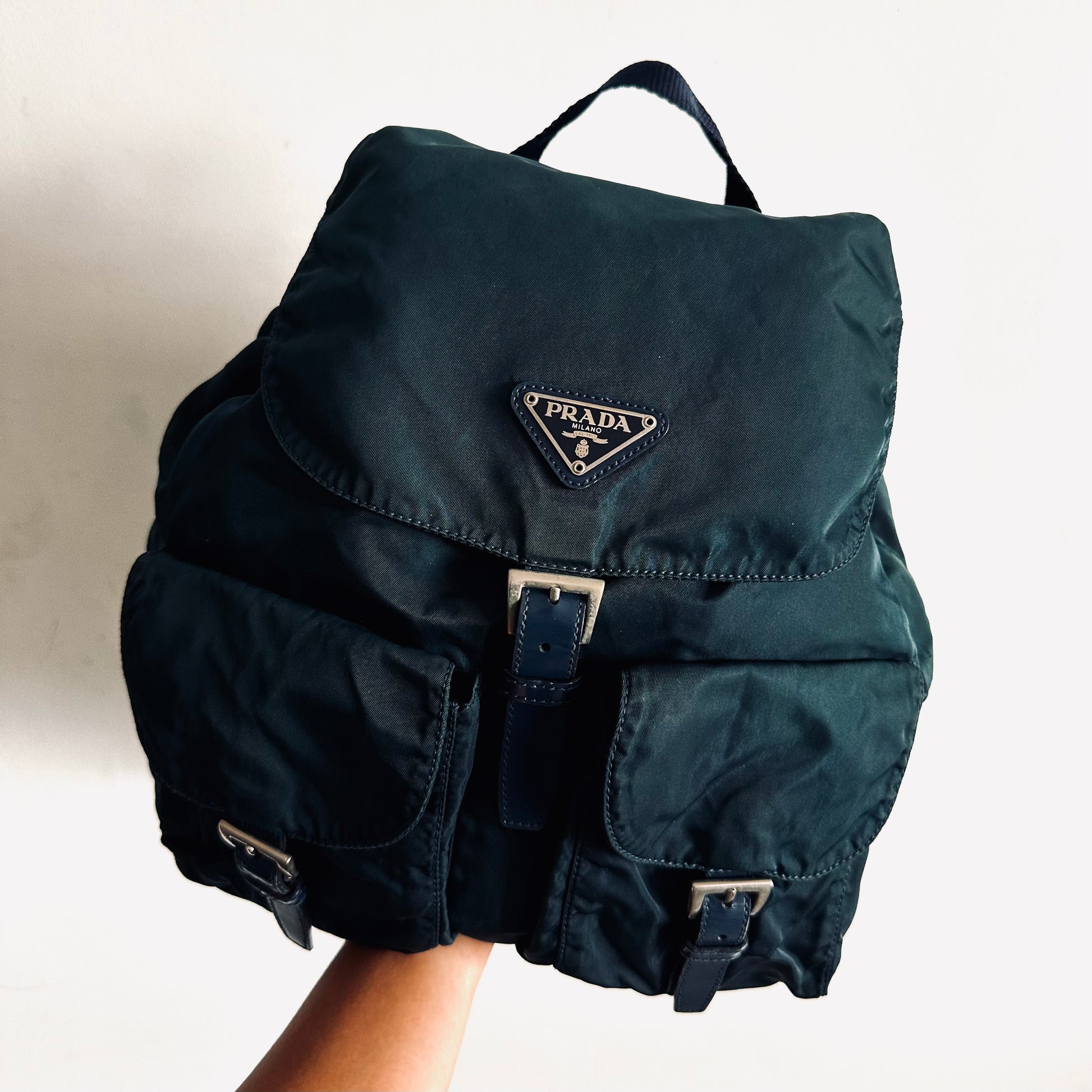Prada Malachite Teal Tessuto Classic Logo Nylon Leather Backpack