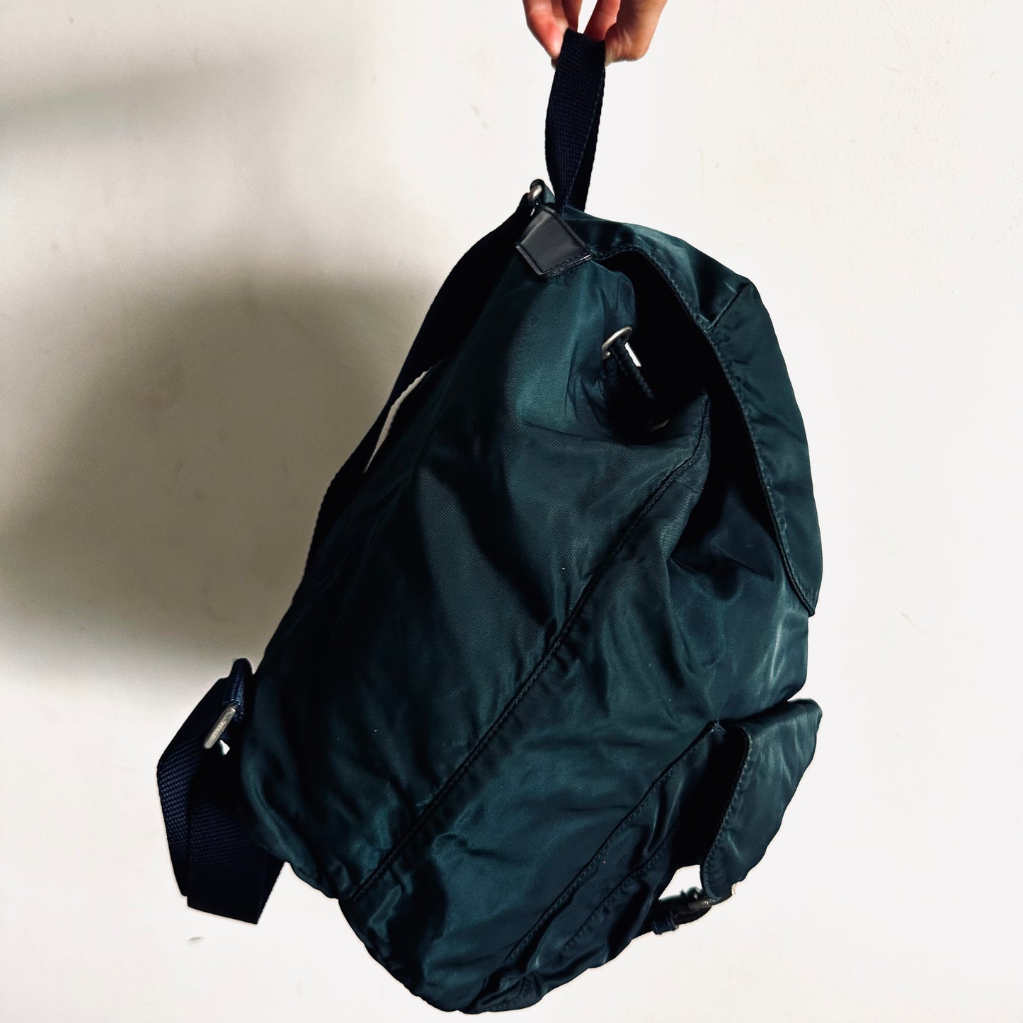 Prada Malachite Teal Tessuto Classic Logo Nylon & Leather Backpack Drawstring Bag