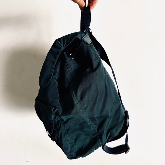 Prada Malachite Teal Tessuto Classic Logo Nylon & Leather Backpack Drawstring Bag