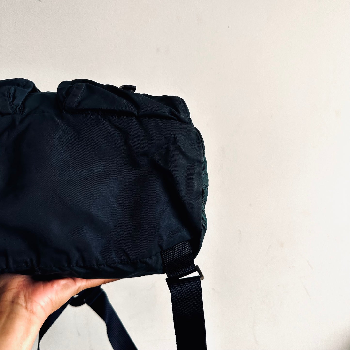 Prada Malachite Teal Tessuto Classic Logo Nylon & Leather Backpack Drawstring Bag