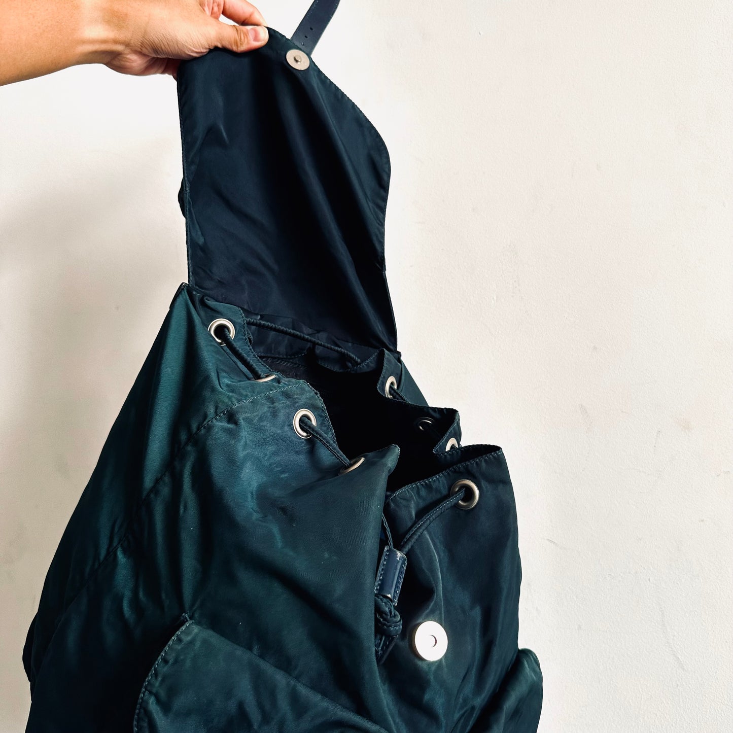 Prada Malachite Teal Tessuto Classic Logo Nylon & Leather Backpack Drawstring Bag