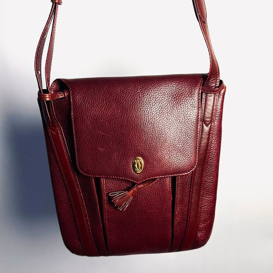 Cartier Must / Mast de Cartier Burgundy Red Maroon GHW Grained Leather Flap Tassel Shoulder Sling Bag