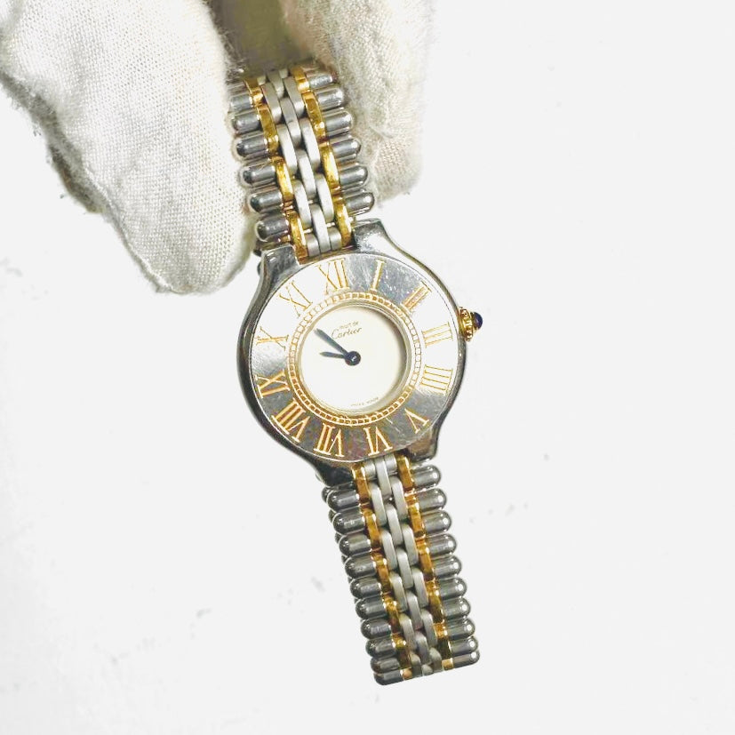 Cartier Must De 21 Cartier Gold & Stainless Steel Round Dial Monogram Logo 27MM Quartz Vintage Watch