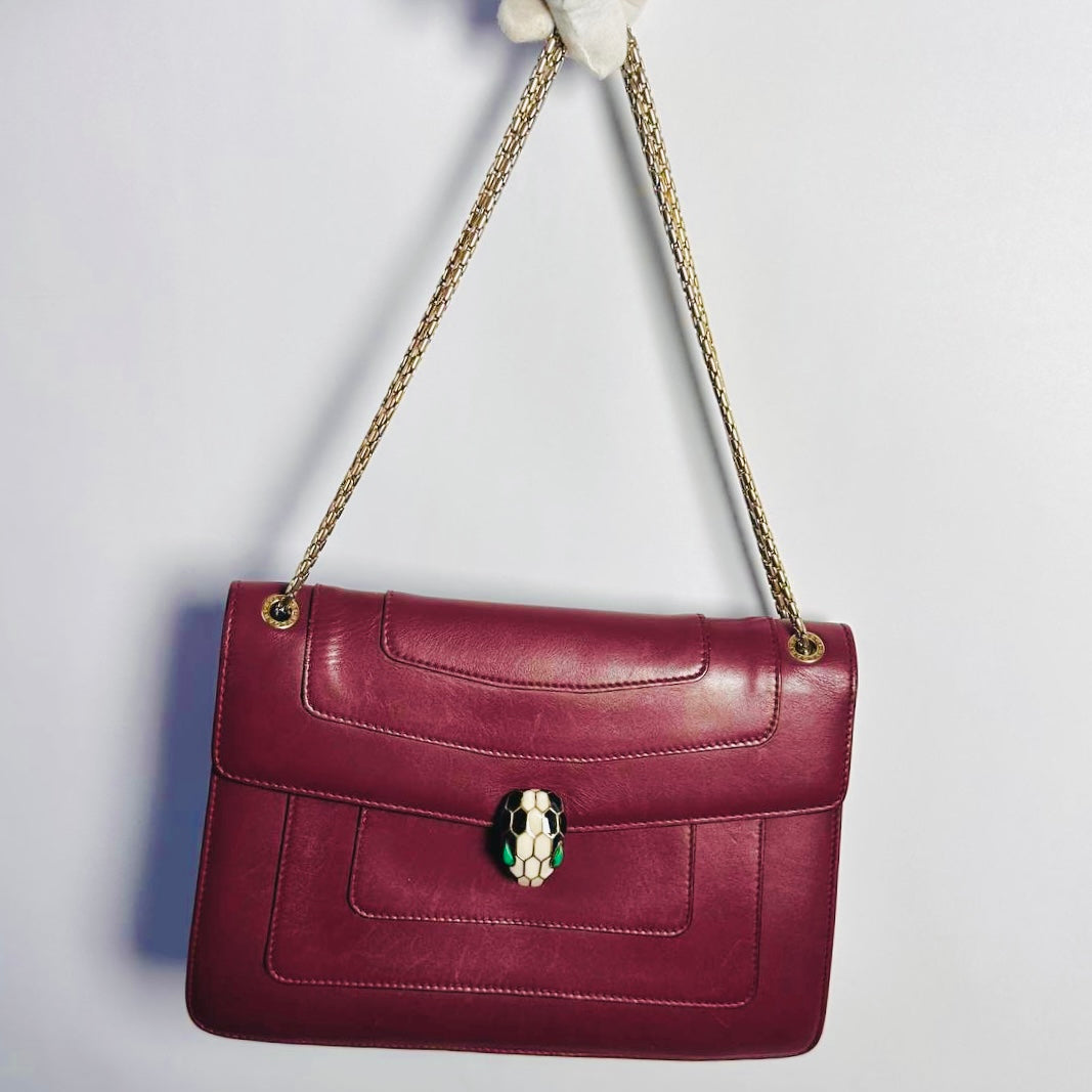 Bvlgari Bulgari Serpenti Forever Maroon Burgundy GHW Calfskin Leather Monogram Logo 2-Way Chain Shoulder Sling Flap Bag