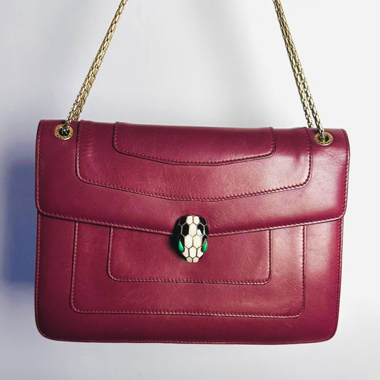 Bvlgari Bulgari Serpenti Forever Maroon Burgundy GHW Calfskin Leather Monogram Logo 2-Way Chain Shoulder Sling Flap Bag