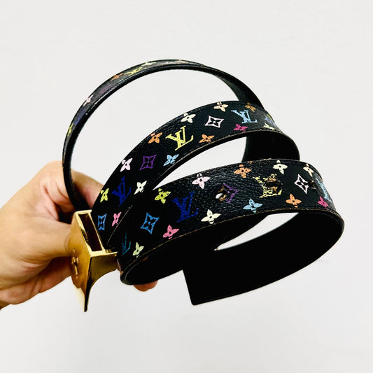 Louis Vuitton LV Murakami Black Rainbow Multicolore Monogram Logo GHW Classic Iconic 34MM Belt