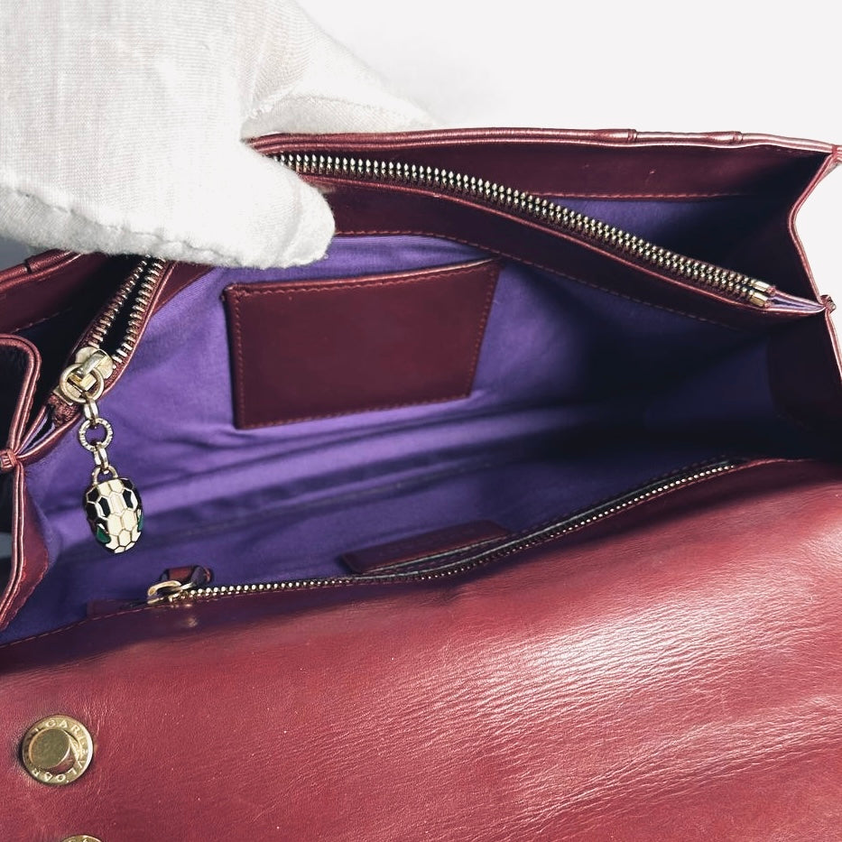 Bvlgari Bulgari Serpenti Forever Maroon Burgundy GHW Calfskin Leather Monogram Logo 2-Way Chain Shoulder Sling Flap Bag