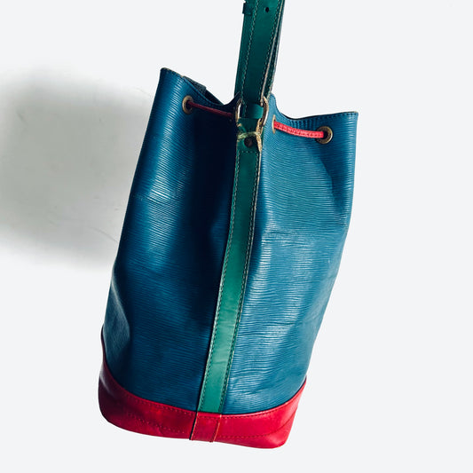 Louis Vuitton LV Red / Blue / Green GHW Epi Leather Petit Noe Bucket Monogram Logo Shoulder Sling Bag