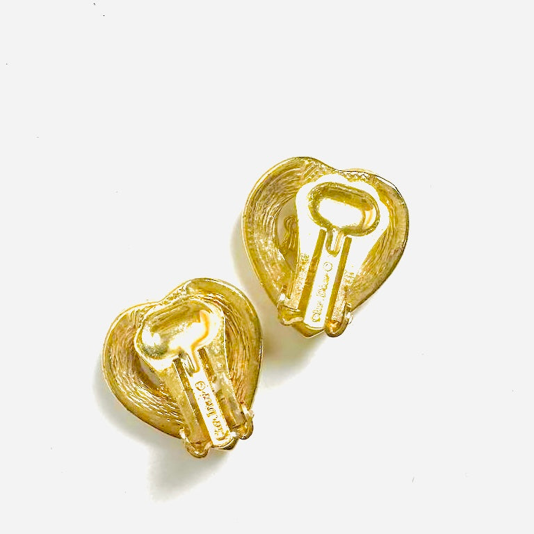Christian Dior CD Giant Monogram Logo Gold & Crystals Heart Clip On Earrings