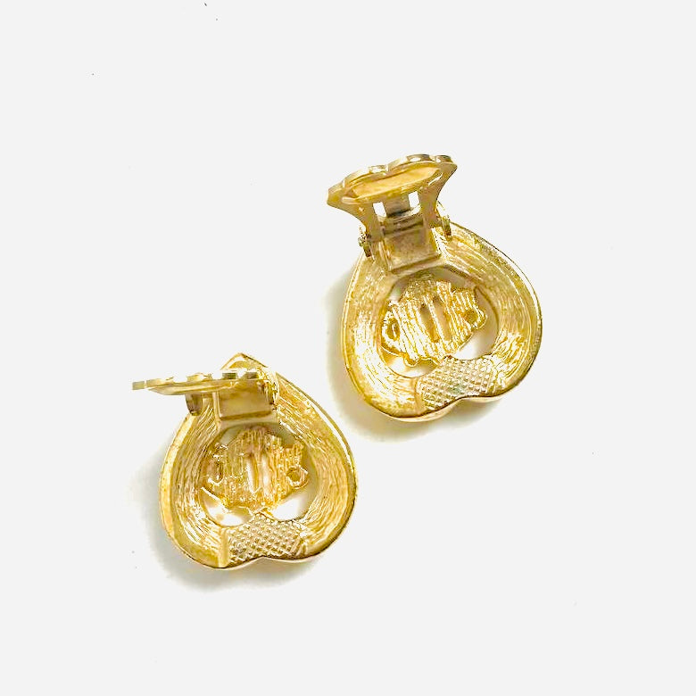 Christian Dior CD Giant Monogram Logo Gold & Crystals Heart Clip On Earrings