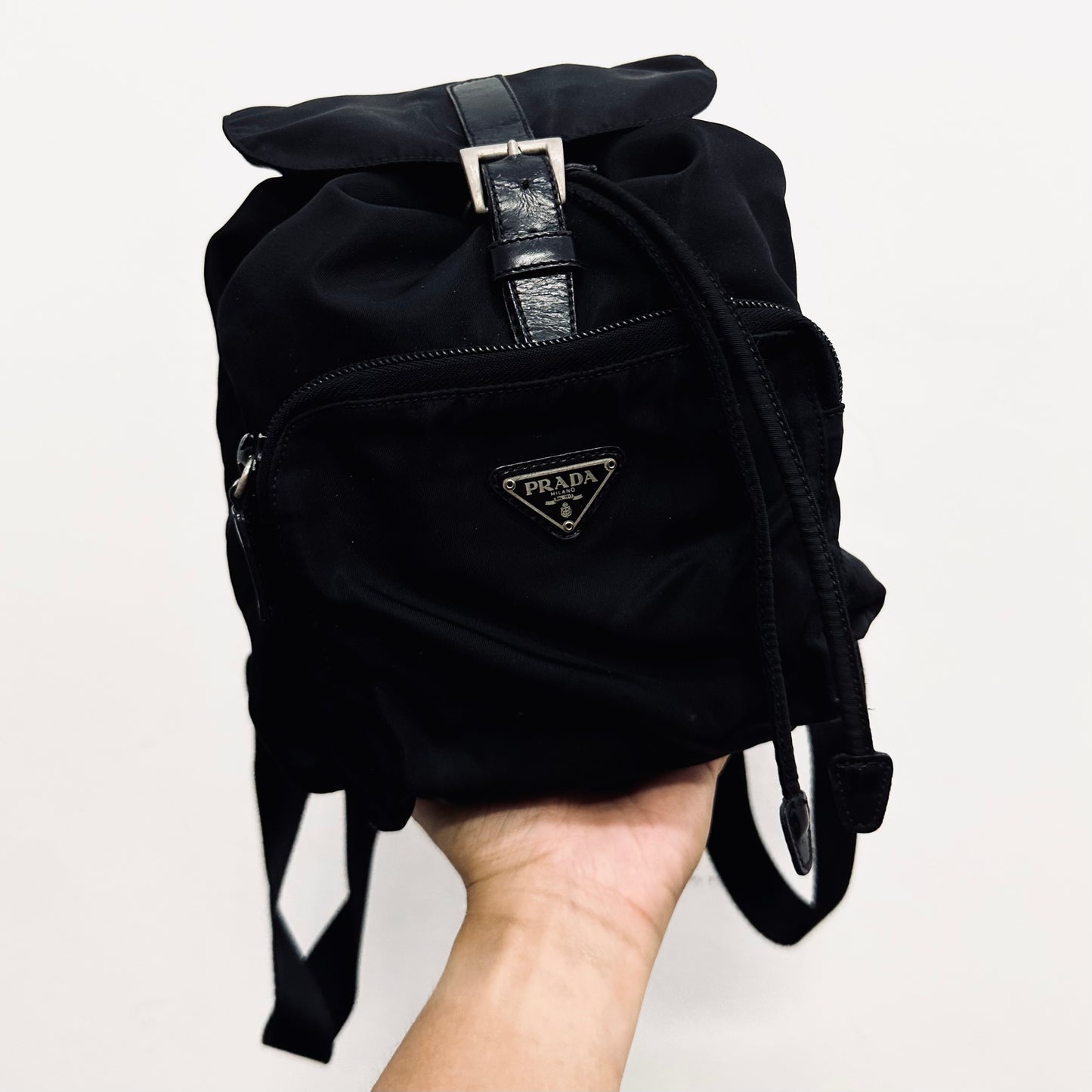 Prada Black Tessuto Classic Logo Nylon & Leather Small Backpack Flap Drawstring Bag