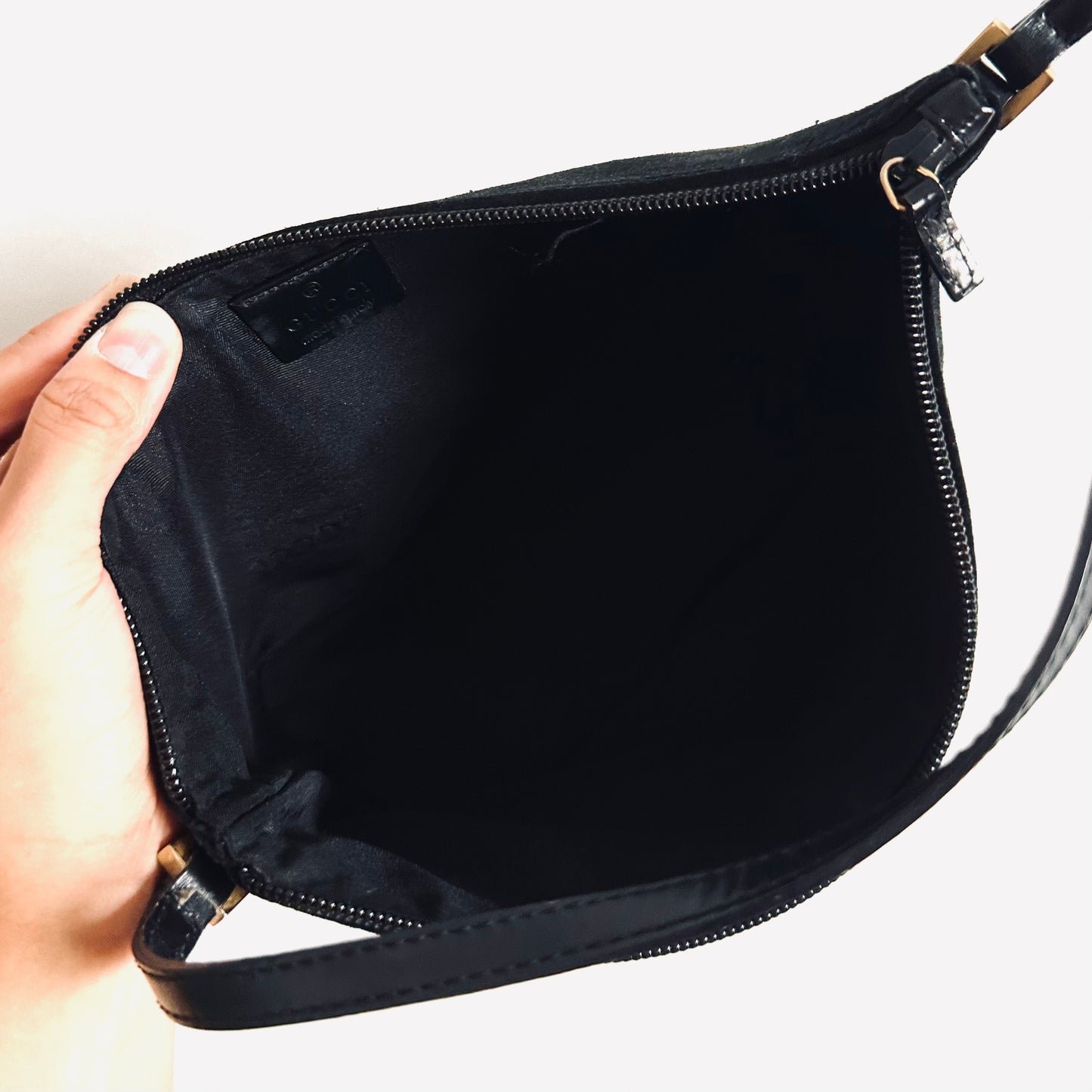 Gucci Black GHW Suede Monogram Logo Mini Pochette Accessories Hobo Shoulder Bag