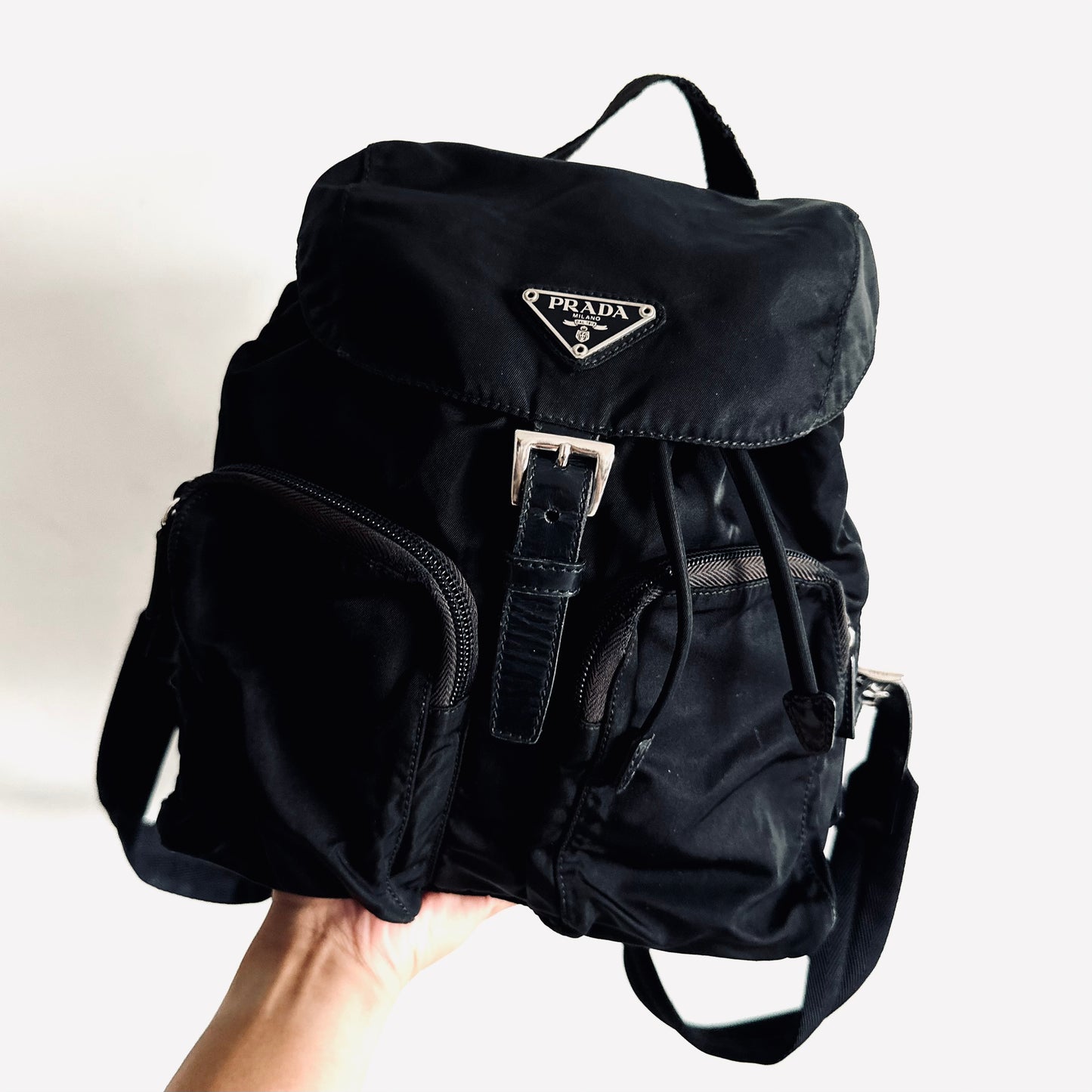 Prada Black Logo Tessuto Vela Classic Nylon & Leather Backpack Bag