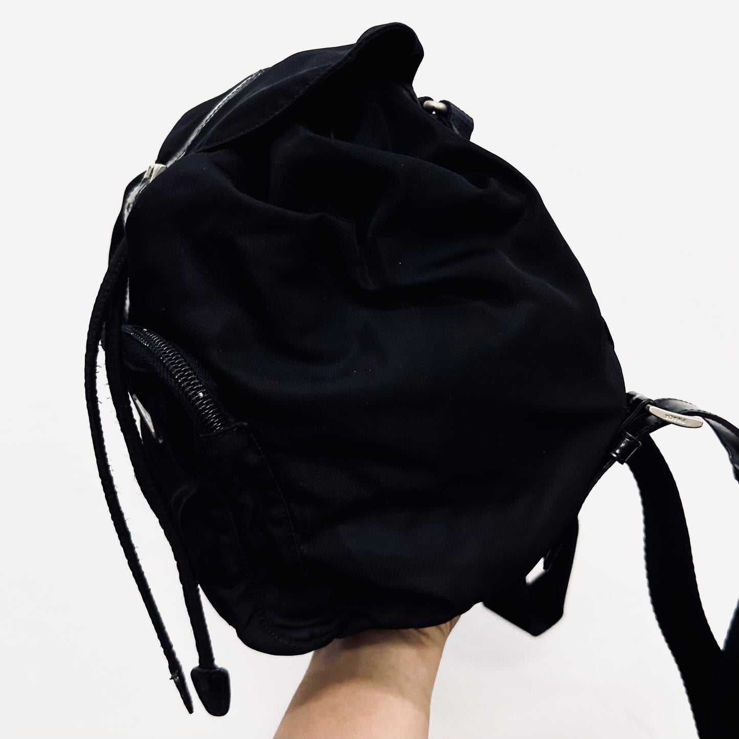 Prada Black Tessuto Classic Logo Nylon & Leather Small Backpack Flap Drawstring Bag