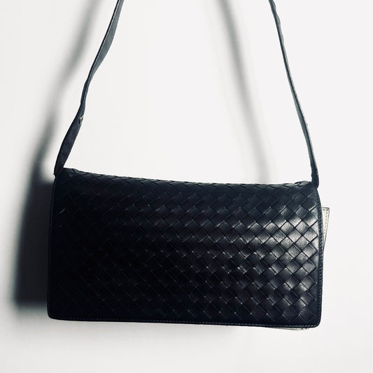 Bottega Veneta BV Black Intrecciato Nappa Woven Leather Full Flap Shoulder Sling Bag