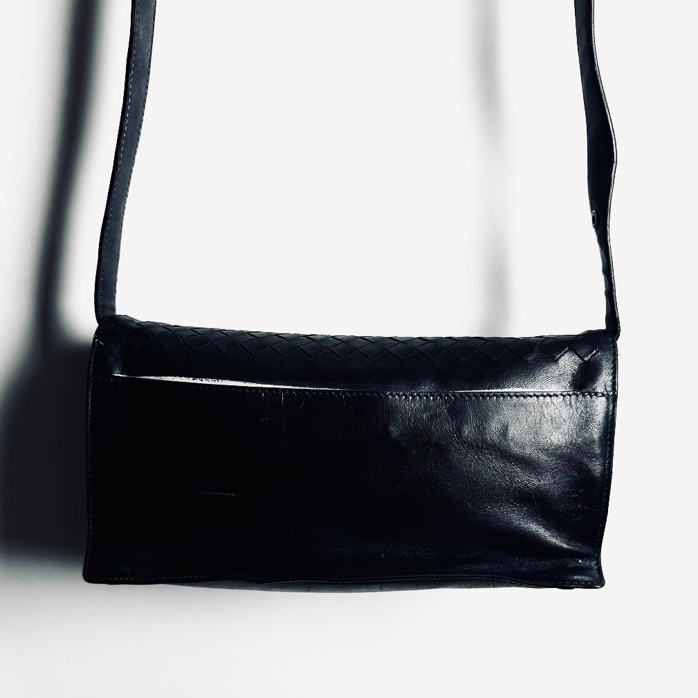 Bottega Veneta BV Black Intrecciato Nappa Woven Leather Full Flap Shoulder Sling Bag