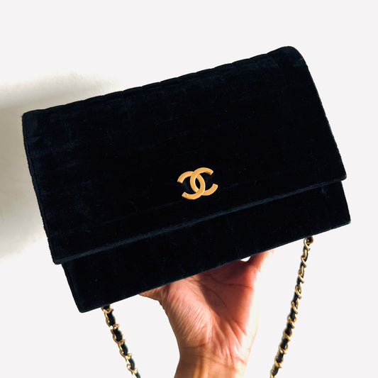 Chanel Black GHW CC Logo Classic Single Flap Quilted Jersey Velvet Satin Small Vintage Shoulder Sling Bag Pre Series