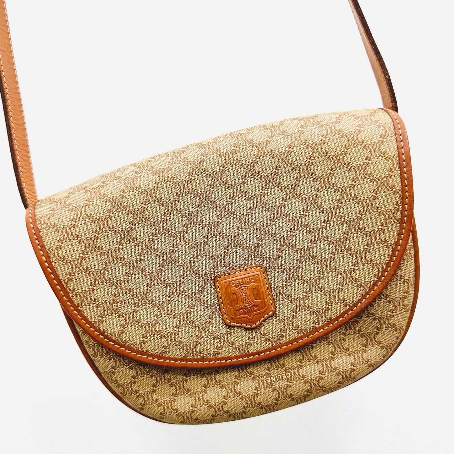 Celine Beige Triomphe Macadam Monogram Logo Half Moon Crescent Flap Shoulder Sling Bag