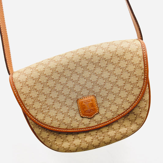 Celine Beige Triomphe Macadam Monogram Logo Half Moon Crescent Flap Shoulder Sling Bag