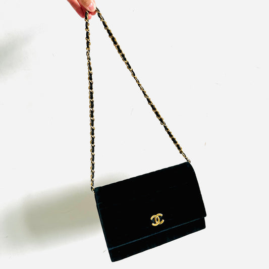 Chanel Black GHW CC Logo Classic Single Flap Quilted Jersey Velvet Satin Small Vintage Shoulder Sling Bag Pre Series