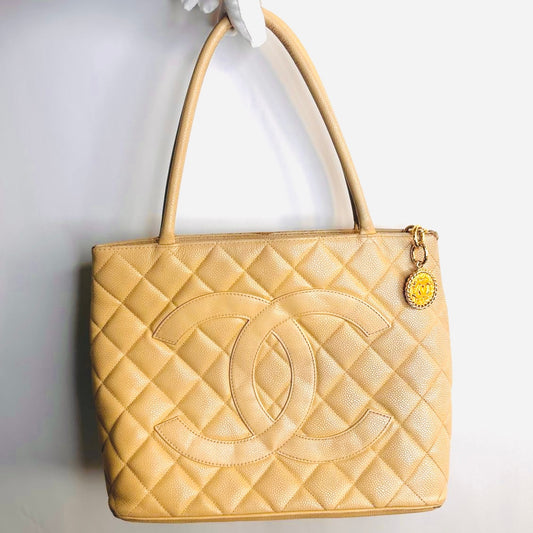 Chanel Warm Beige Medallion Giant CC Monogram Logo Quilted Caviar Shoulder Shopper Tote Bag 5s