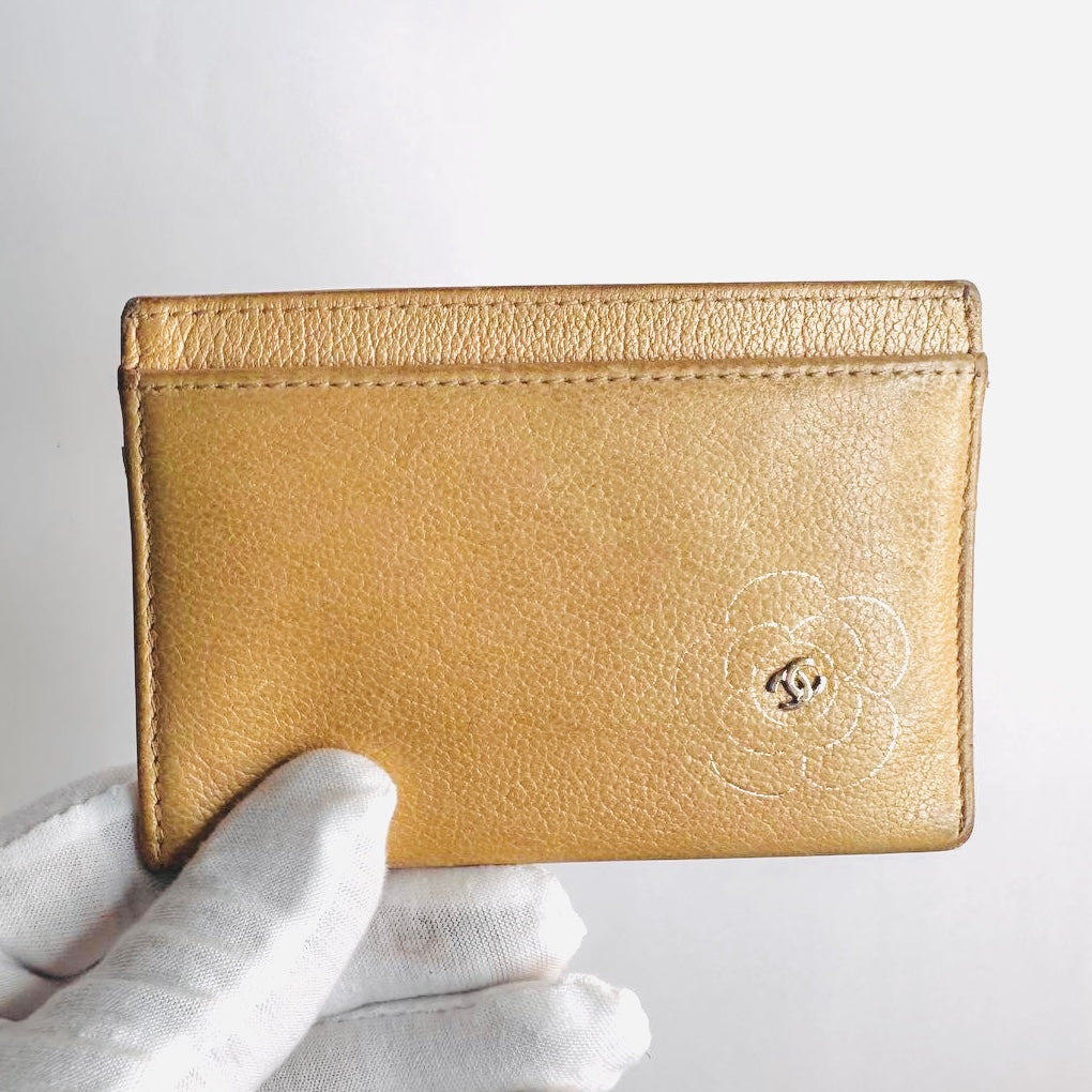 Chanel Camellia Beige Giant CC Logo Chevre Leather Compact Cardholder Card Case Wallet 15s