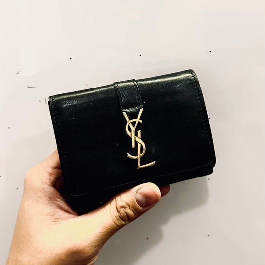 YSL Yves Saint Laurent Black GHW Line Origami Tiny Trifold Compact Flap Wallet Calfskin Leather