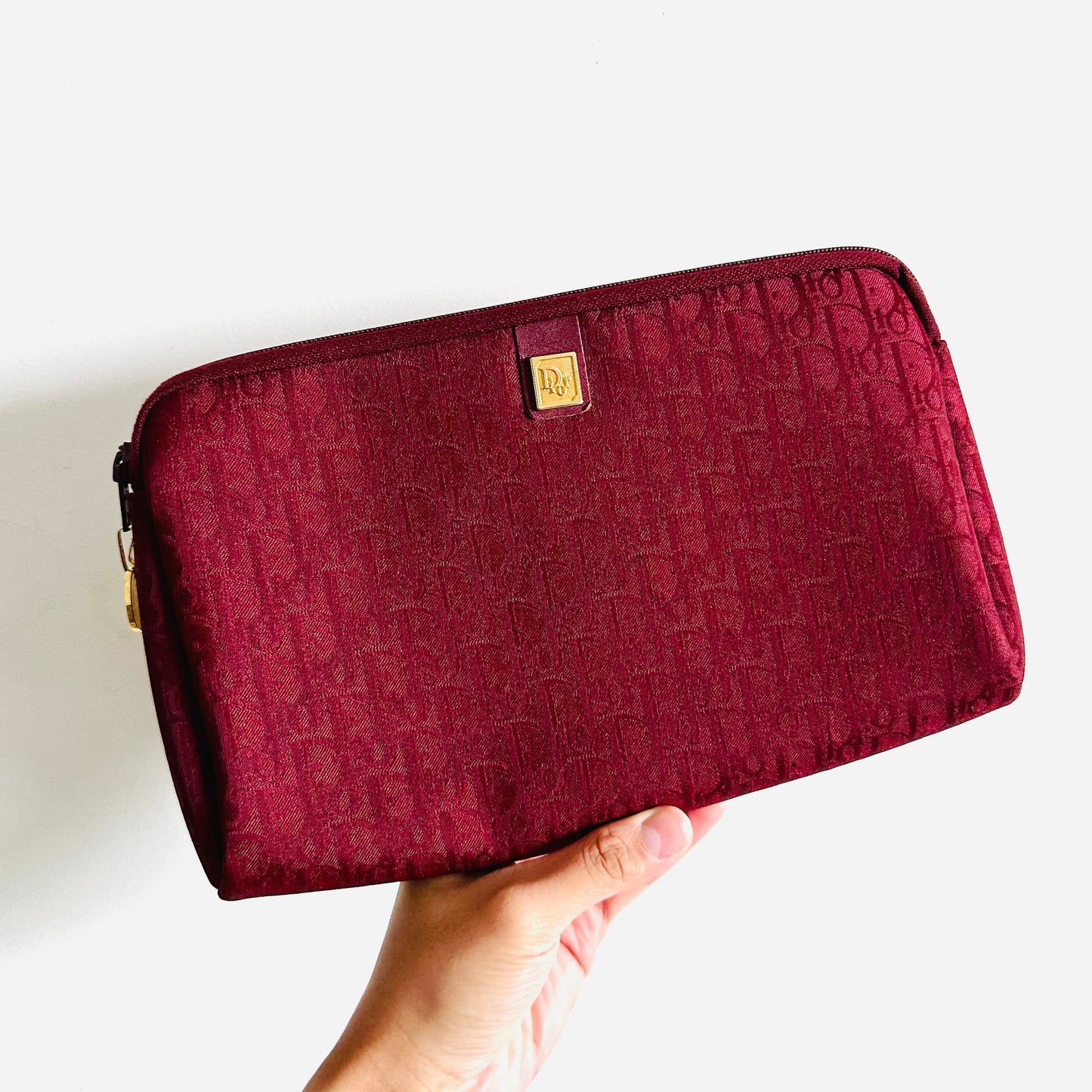 Christian Dior Maroon Red GHW Oblique Monogram Logo Zip Clutch Pouch Case