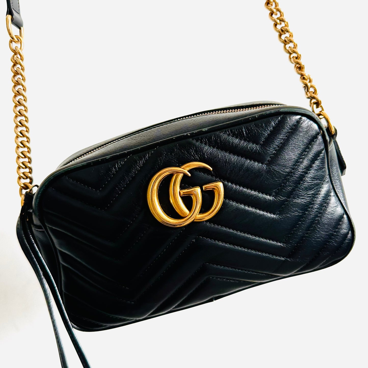 Gucci Marmont GG Monogram Logo Black GHW Leather Small Camera Shoulder Sling Bag