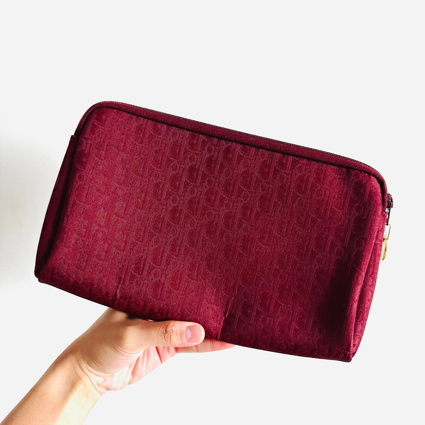 Christian Dior Maroon Red GHW Oblique Monogram Logo Zip Clutch Pouch Case