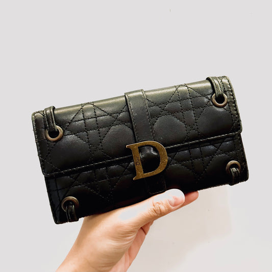 Christian Dior CD Lady Dior Black Cannage Quilted Lambskin Giant Monogram Logo Flap Bifold Long Wallet