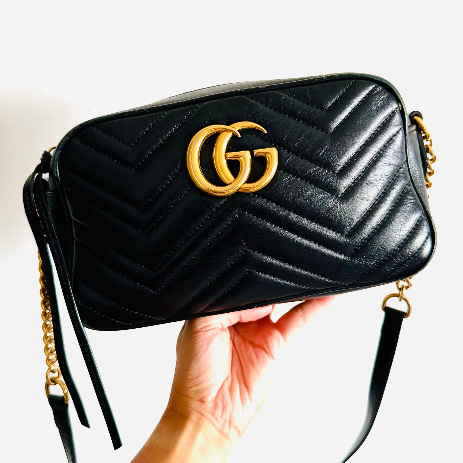 Gucci Marmont GG Monogram Logo Black GHW Leather Small Camera