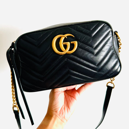 Gucci Marmont GG Monogram Logo Black GHW Leather Small Camera Shoulder Sling Bag