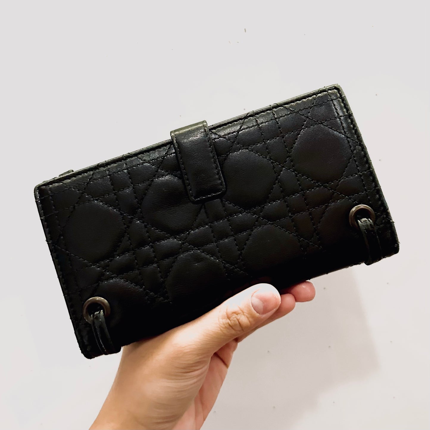 Christian Dior CD Lady Dior Black Cannage Quilted Lambskin Giant Monogram Logo Flap Bifold Long Wallet