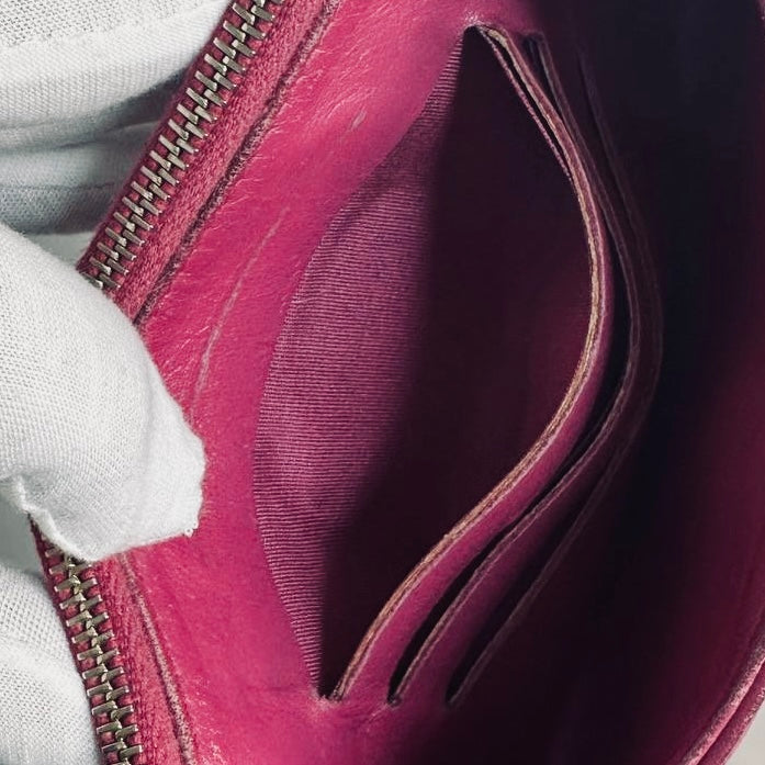 Chanel Camellia Fuchsia GHW CC Monogram Logo Embossed Lambskin Zip Long Flat Wallet Cardholder Card Case Pouch 26s