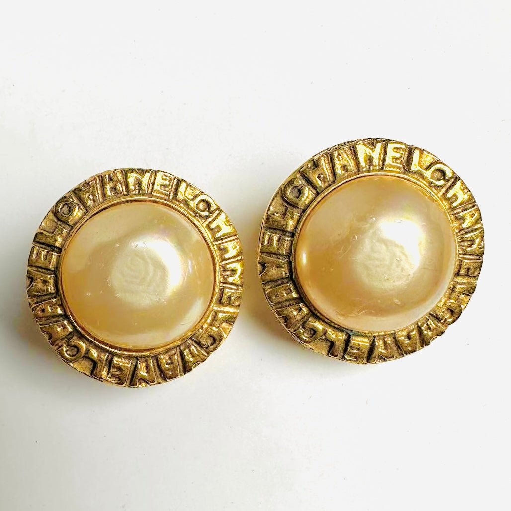 Chanel Giant CC Monogram Logo Large Gold & Pearls Clip On Vintage Earrings