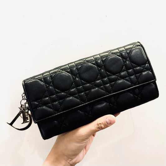 Christian Dior CD Lady Dior Black Cannage Quilted Lambskin Monogram Logo Charms Flap Long Bifold Wallet