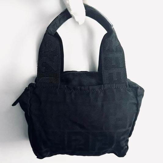 Fendi Roma Black Zucca FF Monogram Logo Mini Bucket Dumpling Zip Tote Bag