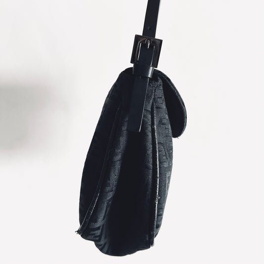 Fendi Black Zucca FF Logo Baguette Hobo Mamma Pochette Small Shoulder Flap Bag