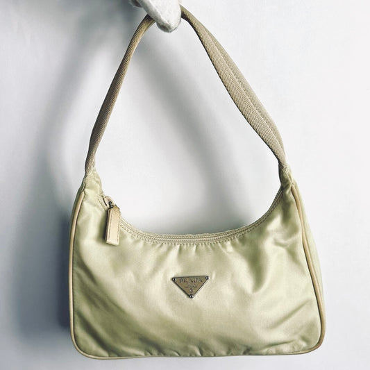 Prada Pale Yellow Tessuto Monogram Logo Nylon Hobo Baguette Shoulder Bag